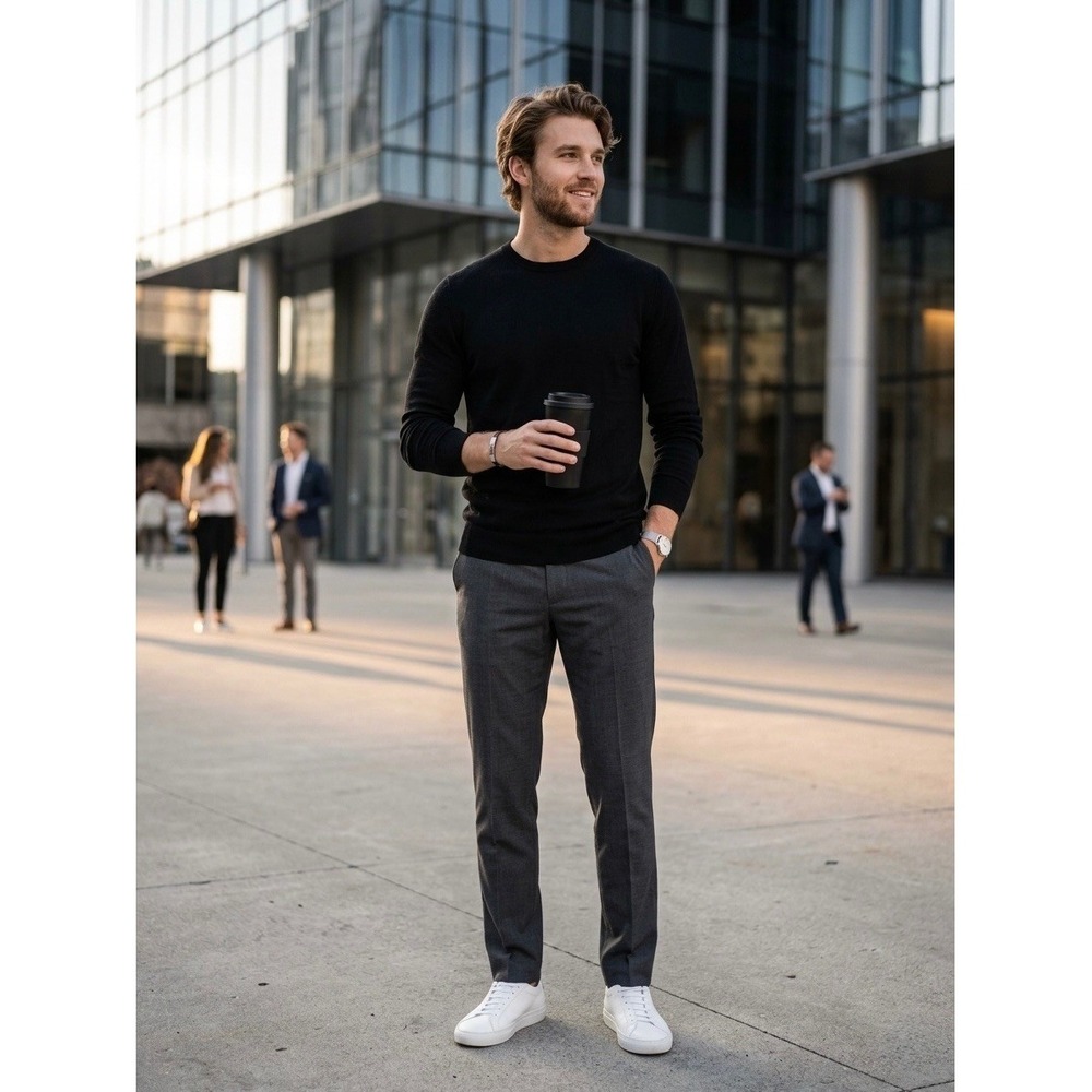 Theory Mens Riland P Harman Black Merino Wool Blend Crewneck Sweater XL